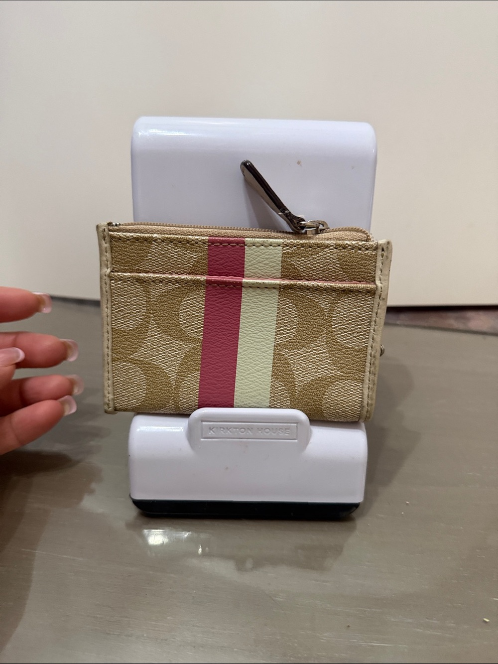 Coach Tan Canvas Key Card Holder with Cream and Pink Stripe - Picture 2 of 3